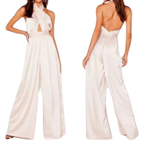 NASTY GAL | WOMEN’S CHAMPAGNE SATIN LET HER DANCE WIDE LEG JUMPSUIT SIZE 10 NWT - Picture 1 of 9